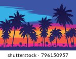 Evening on the beach with palm trees. An evening on the beach with palm trees. Colorful picture for rest. Blue palm trees at sunset. Orange sunset in the blue sky. Palmeny island. Summer sunset agains