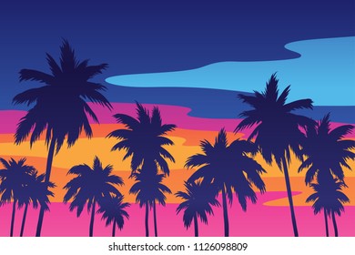 Evening on the beach with palm trees. An evening on the beach with palm trees. Colorful picture for rest. Blue palm trees at sunset. Orange sunset in the blue sky. Palmeny island. Summer sunset agains