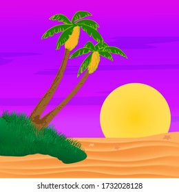Evening on the beach with palm trees. Colorful picture for rest. Lilac palm trees, bright big sun and lilac sunset in the sky.