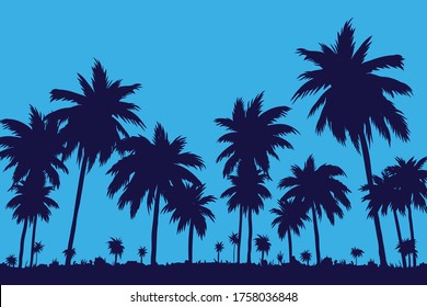 Evening on the beach with palm trees. An evening on the beach with palm trees. Colorful picture for rest. Blue palm trees at sunset. Orange sunset in the blue sky. Palmeny island. Summer sunset agains