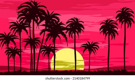 evening on a beach with palm trees. Colorful pictures for summer vacations