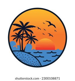 Evening on the beach with palm trees. An evening on the beach with palm trees. Colorful picture for rest. Orange sunset in the blue sky. Vector flat illustration