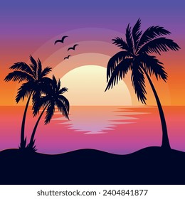 Evening on the beach with palm trees. Colorful picture for relaxation. Orange sunset on blue sky. Vector flat illustration