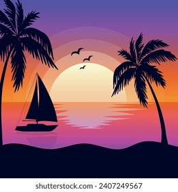 Evening on the beach with palm trees and sailboat. Colorful illustration for relaxation. Orange sunset on orange sky with silhouette of a sailboat floating on the sea. Vector flat illustration