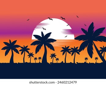 Noche en la playa con palmeras, cuadro colorido para el descanso. Palmeras azules al atardecer. Puesta de sol naranja en el cielo azul y púrpura. Ilustración vectorial