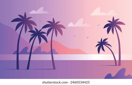 Evening on the beach with palm trees. An evening on the beach with palm trees. Colorful picture for rest. Blue palm trees at sunset. Orange sunset in the purple sky. Vector illustration