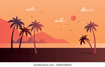 Evening on the beach with palm trees. An evening on the beach with palm trees. Colorful picture for rest. Blue palm trees at sunset. Orange sunset in the blue sky. Vector illustration