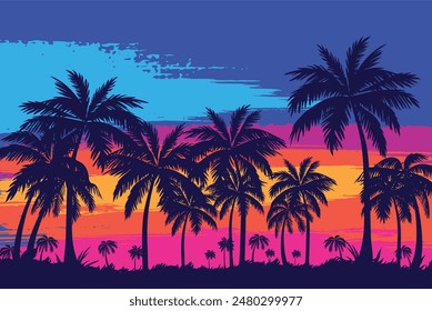 Evening on the beach with palm trees. An evening on the beach with palm trees. Colorful picture for rest. Blue palm trees at sunset. Orange sunset in the blue sky. Palmeny island. Summer sunset agains