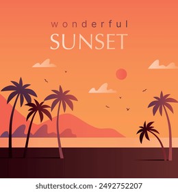 Evening on the beach with palm trees. An evening on the beach with palm trees. Colorful picture for rest. Wonderful sunset. Vector illustration