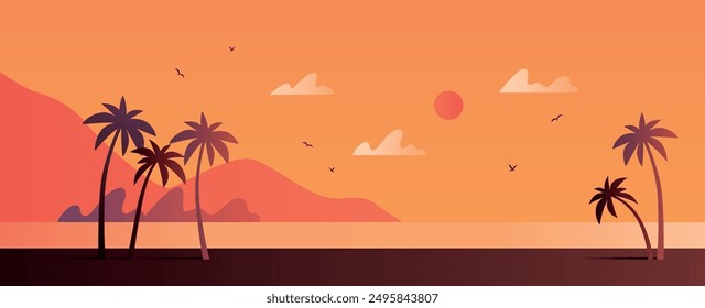 Noche en la playa con palmeras. Una noche en la playa con palmeras. Imagen panorámica colorida para el descanso. Maravillosa puesta de sol. Ilustración vectorial