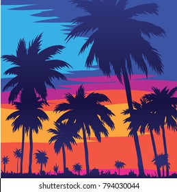Evening on the beach with palm trees. An evening on the beach with palm trees. Colorful picture for rest. Blue palm trees at sunset. Orange sunset in the blue sky. Palmeny island. Summer sunset agains