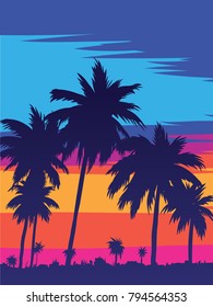 An evening on the beach with palm trees. Colorful painting for the river. Blue palm trees at sunset. Orange sunset in the blue sky. Bee. Summer sunset against the background of palm trees
