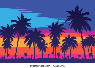 Evening on the beach with palm trees. An evening on the beach with palm trees. Colorful picture for rest. Blue palm trees at sunset. Orange sunset in the blue sky. Palmeny island. Summer sunset agains - Shutterstock ID 796150957
