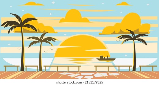 Am Abend am Strand Sommer blauer Himmel, Schiff und Kokospalmen Schatten.