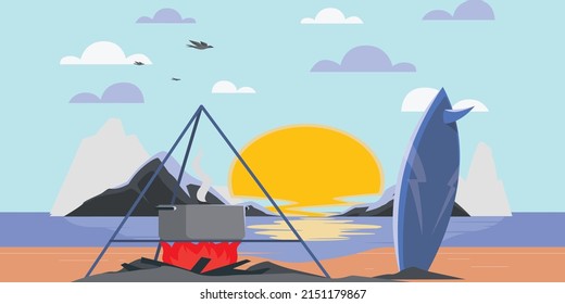 The evening on the beach Summer blue sky, hills