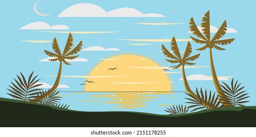 The evening on the beach Summer orange sky and coconut tree shadow