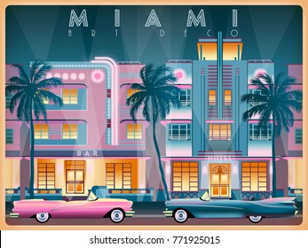 Noche en Ocean Drive en Miami, Estados Unidos. Ilustración vectorial de dibujo hecha a mano. De estilo Art Déco. Todos los edificios - objetos diferentes personalizables.