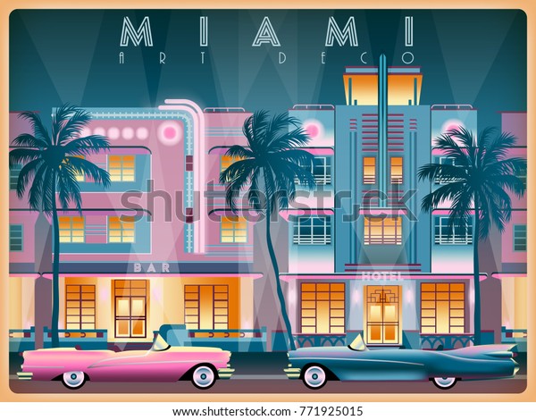 Evening on Ocean Drive in Miami, USA. Handmade\
drawing vector illustration. Art deco style. All buildings -\
customizable different\
objects.