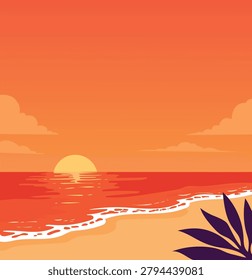 Evening on the seashore. Waves with white foam lap the shore. Red rays of the setting sun. Silhouettes of palm leaves on the sunset sky. Vector illustration. Painting for interior design.