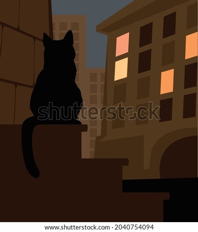 Evening on the street. Black cat sitting on the steps of the porch. Vector image for prints, poster and illustrations.
