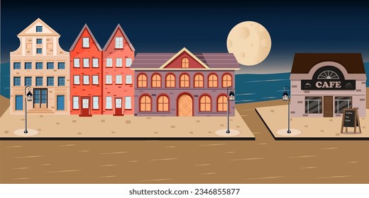 evening on the town, full moon, torches burning at night, moon, night, lamp, overnight , building, cafe, coffee, cakes, houses, the street at  night