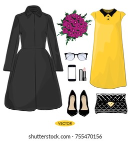 Evening outfit for girl. Stylish and trendy clothing set for fashion magazine. Coat, yellow dress, bouquet and accessories - Vector Illustration