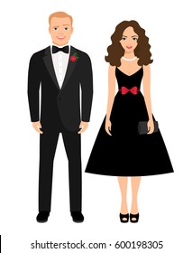 Evening outfit for special occasion. Beautiful couple in black dress and tux. Vector illustration