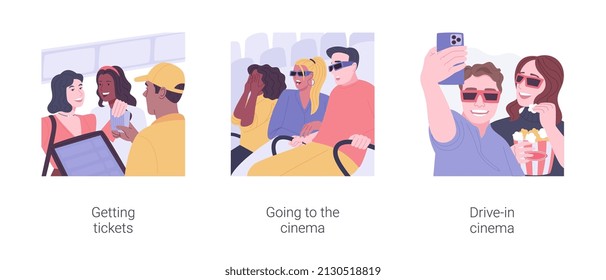 Evening outing isolated cartoon vector illustrations set. Getting tickets to event, going to the cinema, drive-in cinema, leisure time together, people urban lifestyle vector cartoon.