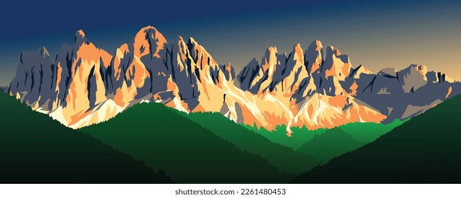 abendliche Panoramasicht auf Geislergruppe oder Gruppo dele Odle, Vektorgrafik, Alpen Dolomiten-Berge, Italien