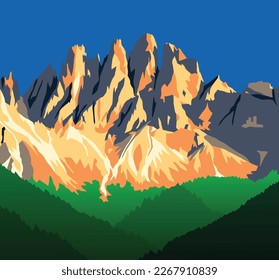 abendliche Panoramasicht auf Geislergruppe oder Gruppo dele Odle, Vektorgrafik, Alpen Dolomiten-Berge, Italien