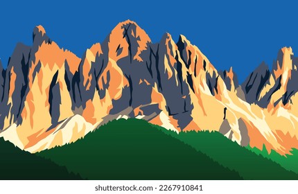 abendliche Panoramasicht auf Geislergruppe oder Gruppo dele Odle, Vektorgrafik, Alpen Dolomiten-Berge, Italien