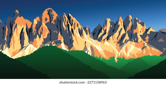 abendliche Panoramasicht auf Geislergruppe oder Gruppo dele Odle, Vektorgrafik, Alpen Dolomiten-Berge, Italien