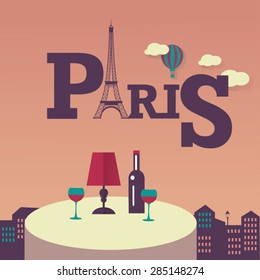 evening in Paris bistro . Flat vector french icons