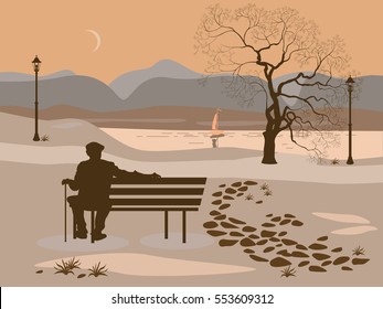Evening park bench  and an old man
