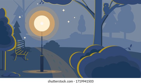 Evening Park with a bench and street light-vector illustration