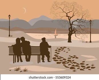 Evening park bench young couple and an old man