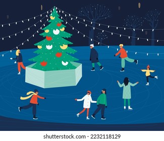 In the evening people ride on the open rink. The night skating rink is decorated with illumination. Leisure of active people. Flat vector illustration.