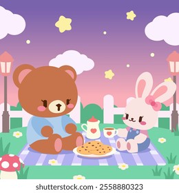 Evening picnic with bear and bunny under a starry sky. Adorable bear and bunny enjoying a peaceful evening picnic under a twilight sky filled with stars.