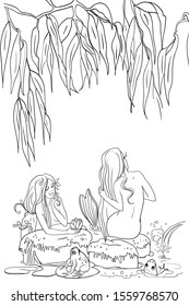 Evening pond, mermaids with long beautiful hair, talking among themselves, willow branches, river plants and frogs in the water, a book for storytelling, in cartoon style, vector
