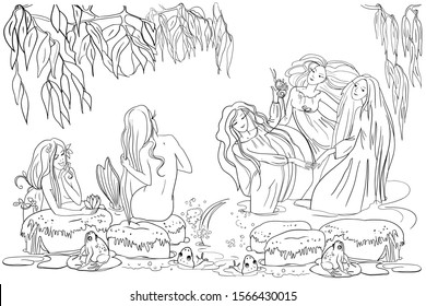 Evening pond, mermaids with long beautiful hair, willow branches, river plants and flowers, frogs, mermaids dance, vector illustration, outline drawing, coloring book