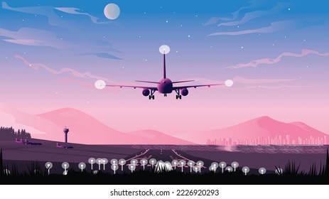 Evening Purple Sky with Panding Plane Lanscape vector art