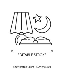 Evening reading linear icon. Late nighttime studying. Fairytale books to read before bedtime. Thin line customizable illustration. Contour symbol. Vector isolated outline drawing. Editable stroke