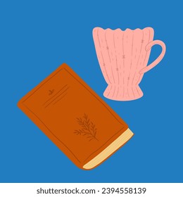 evening reading and tea drinking. poster illustration of book and cup