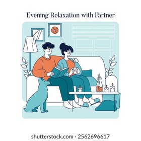 Evening Relaxation with Partner concept. A cozy night scene with a couple unwinding on a couch with a book, candles, and a pet dog. Vector illustration.