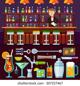 Evening relaxing, alcoholic party at the bar. Barman serves. Delicious cocktails, tools for coctails making, drinking glasses. Vector flat illustration