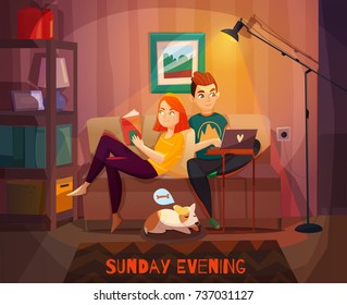 Escena del resto de la pareja con hombre y mujer en el sofá y perro en la ilustración de un mechón vectorial