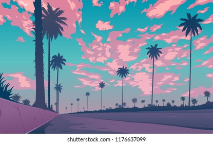 Evening road with palm trees. Palm trees against the background of the purple sunset. Vector illustration