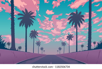 Evening road with palm trees. Palm trees against the background of the purple sunset. Vector illustration