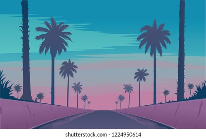 Evening road with palm trees. Palm trees against the background of the purple sunset. Vector illustration
