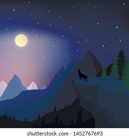 evening rock cliff with wolf and full moon, night